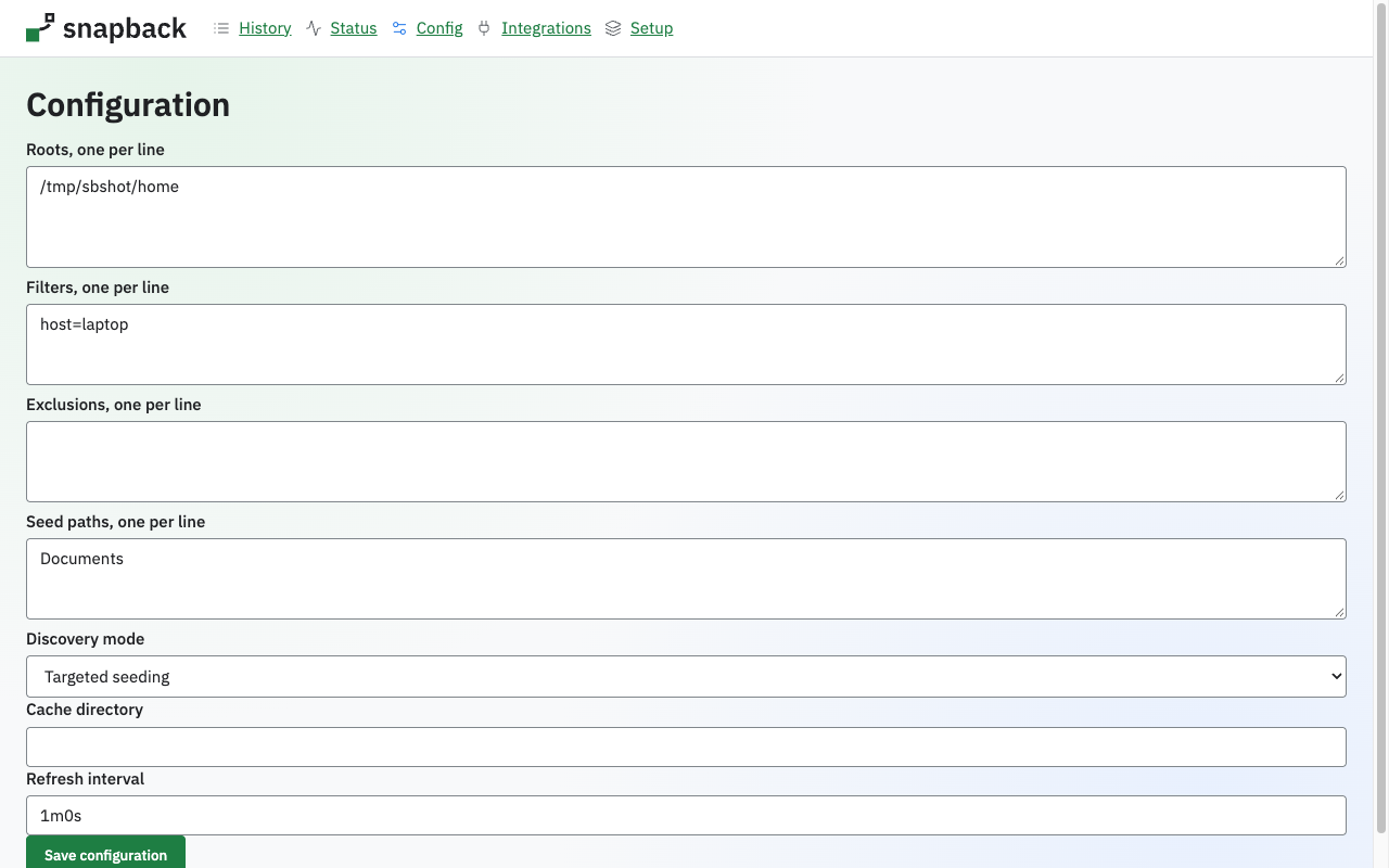 Configuration page with fields for roots, filters, exclusions, seed paths, discovery mode, cache directory and refresh interval