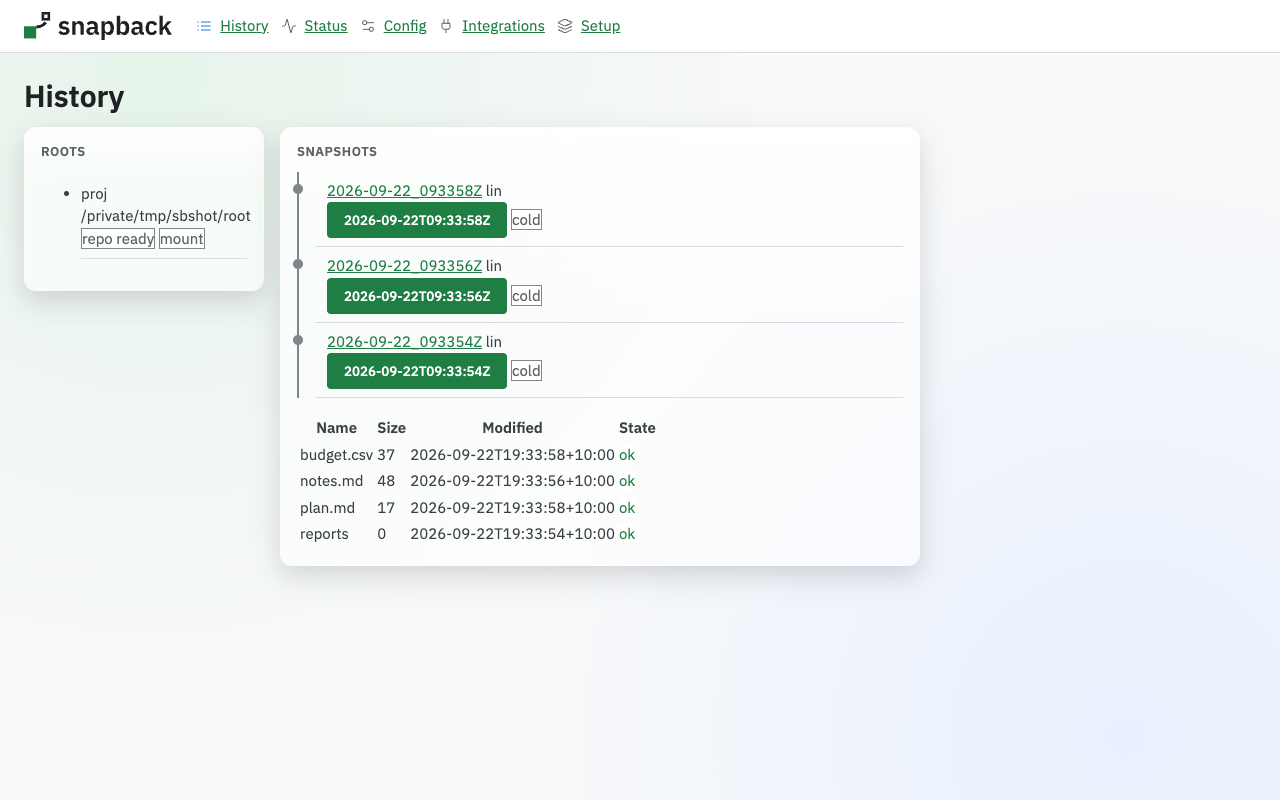 History page with the root "home", three snapshots listed newest first and the files of the selected snapshot