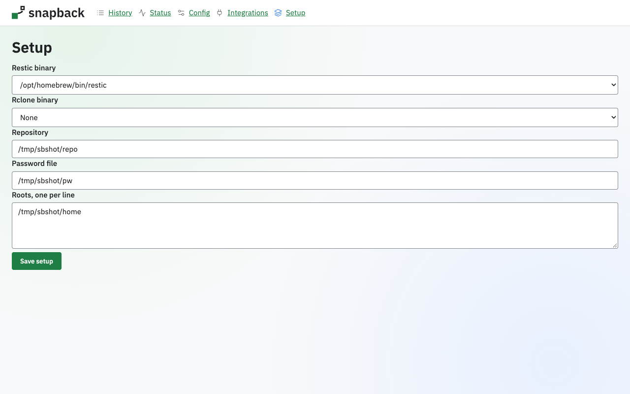 Setup page with fields for the Restic binary, the Rclone binary, the repository, the password file and the roots